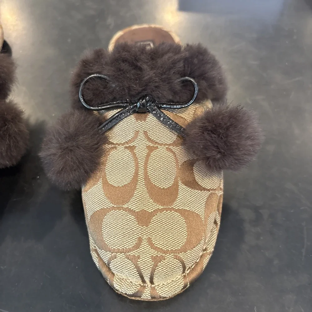 Coach Signature Fur Trim Mule Slippers Women's Brown Logo SlipOn House Shoes Sz5 - Picture 8 of 9